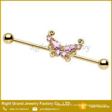 Titane or plaqué chirurgicaux en acier rose clair papillon zircon cubique oreille Barbell